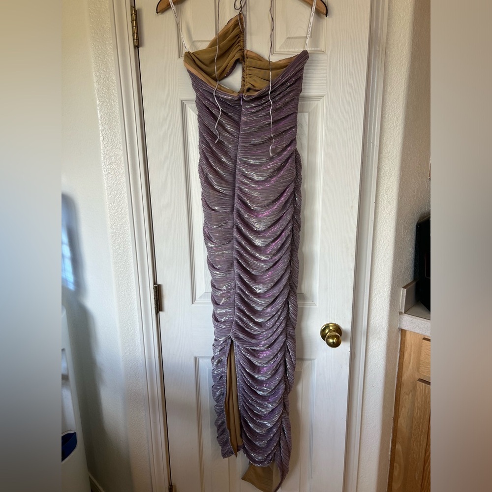 Miss Circle PARRIS LAVENDER METALLIC CUTOUT RUCHED CHIFFON MAXI DRESS Medium - Picture 8 of 11